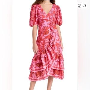 FARM Rio Pink and Red Ruffled Wrap Midi Dress
